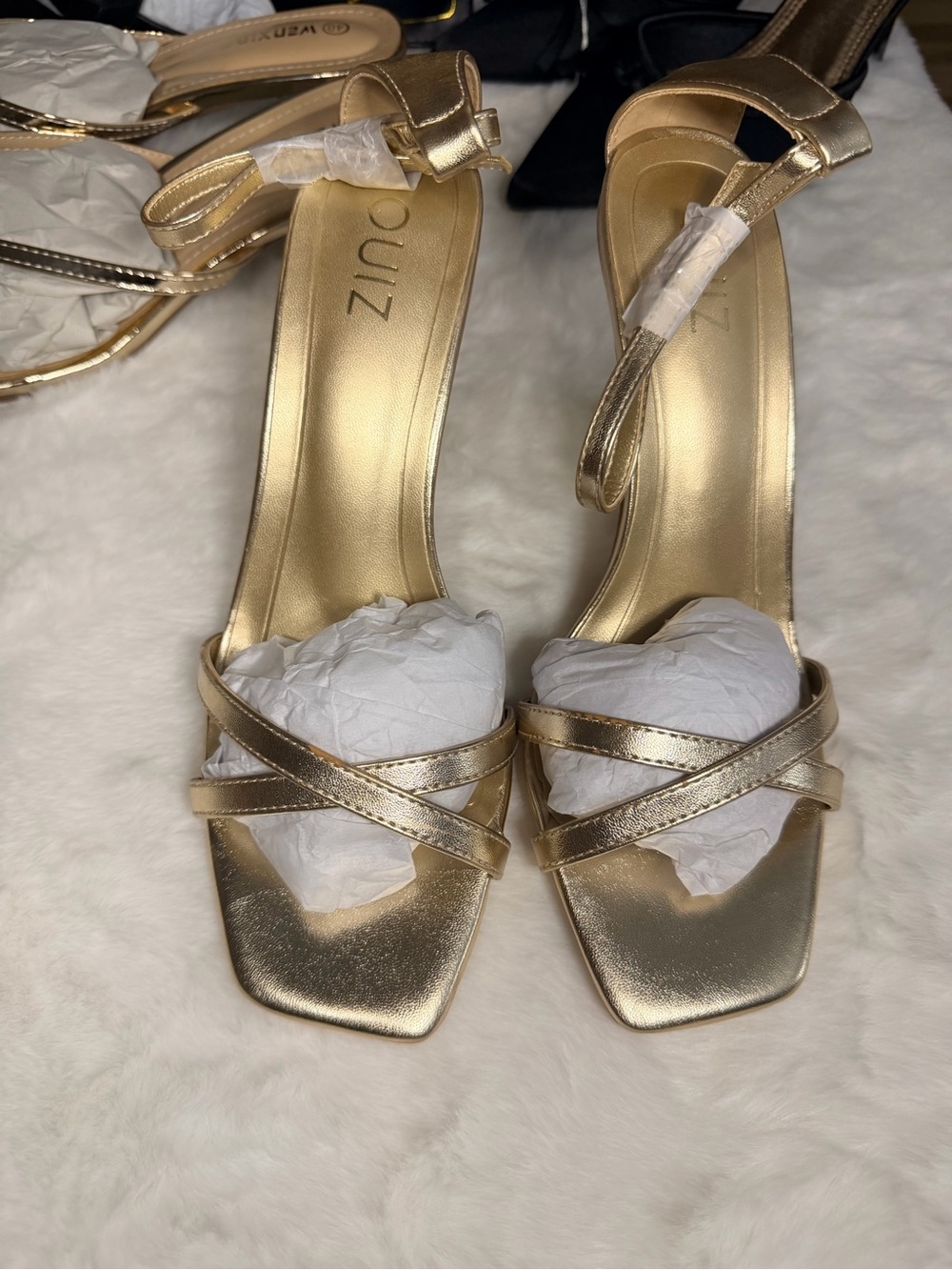 Gold Strappy Square-Toe Ankle Strap Heels